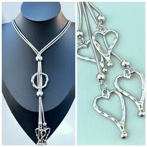 Sculptural Heart Lariat Necklace Silver Tone Brutalist Y-Drop Abstract Modernist
